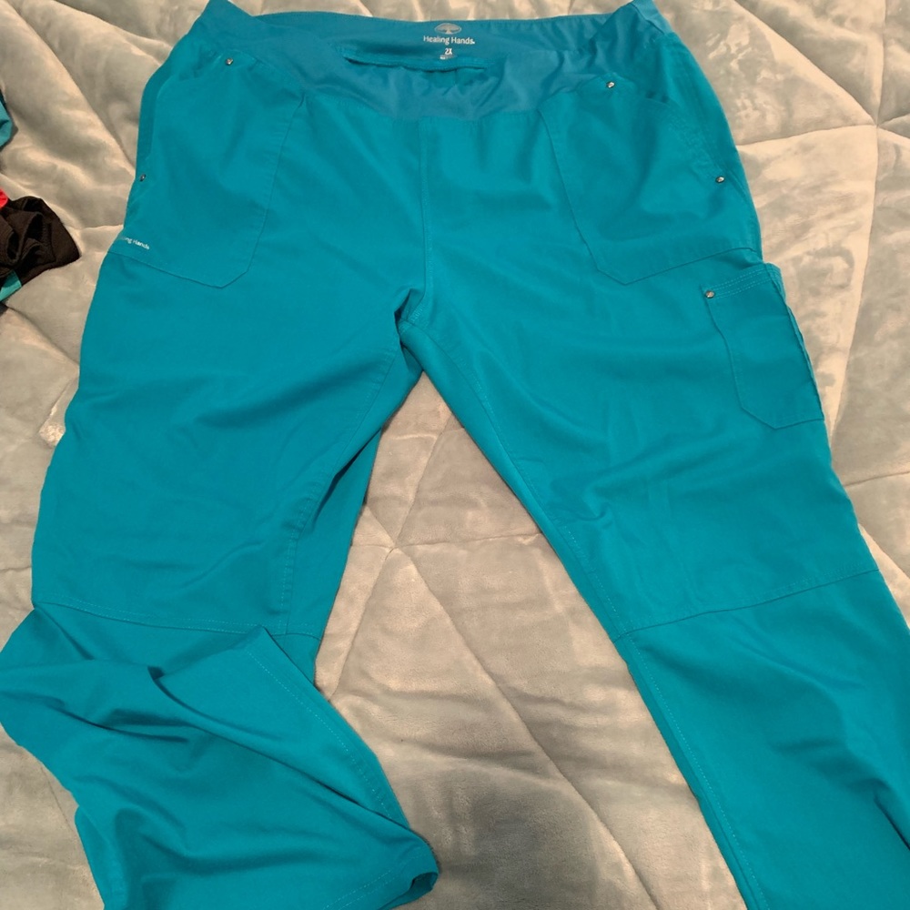 Healing hands teal yoga band scrub pants 2x